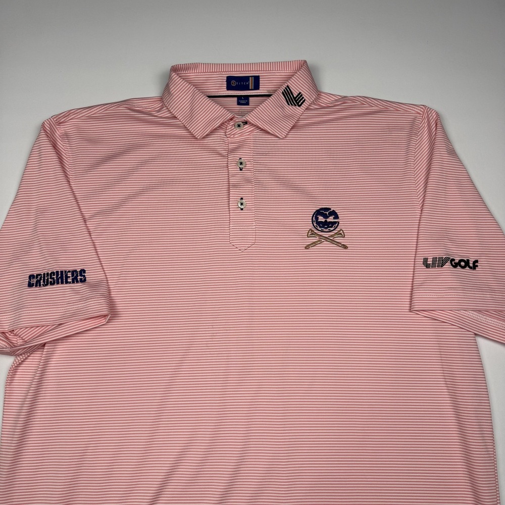 Crushers LIV Golf Polo Shirt Mens Large Pink Stripe Stitch Performance Logo